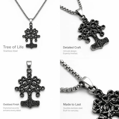 Yggdrasil Thor Hammer Necklace Silver Multi Angle Product Feature Showcase