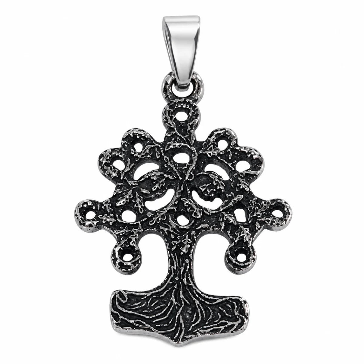 Yggdrasil Thor Hammer Necklace Silver Pendant Only Front View White Background