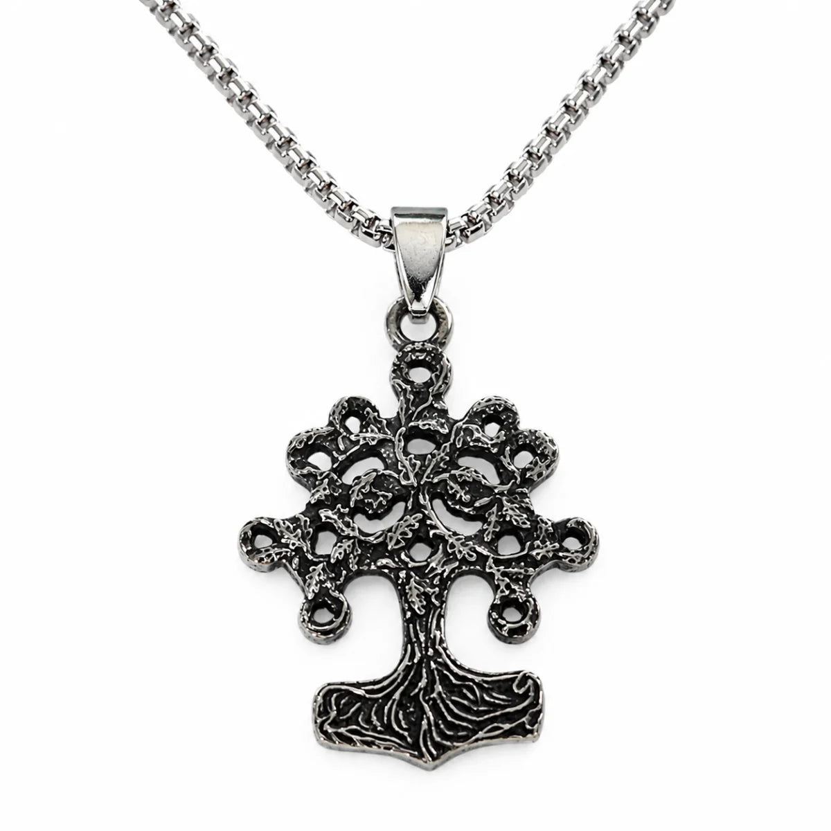 Yggdrasil Thor Hammer Necklace Silver Pendant with Chain Front View White Background