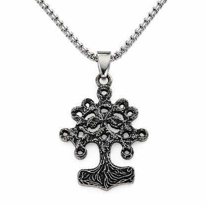 Yggdrasil Thor Hammer Necklace Silver Pendant with Chain Front View White Background