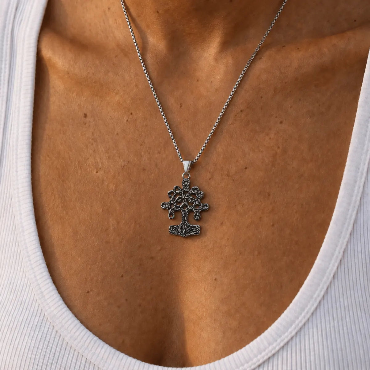Yggdrasil Thor Hammer Necklace Silver Worn by Model Chest View