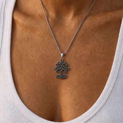 Yggdrasil Thor Hammer Necklace Silver Worn by Model Chest View
