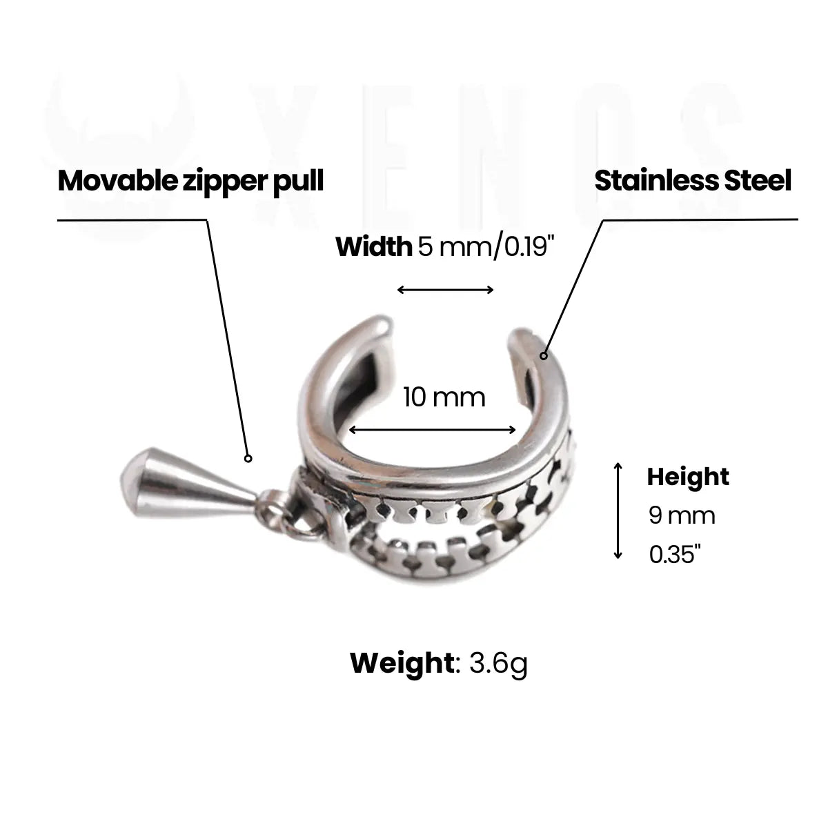 Zipper Ear Cuff Dimensions and Weight