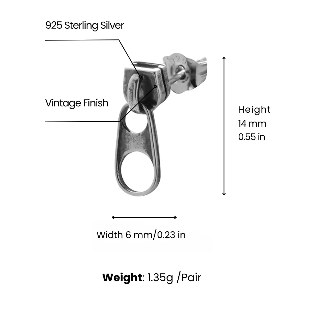 Zipper Stud Earrings Sterling Silver Dimensions and Weight