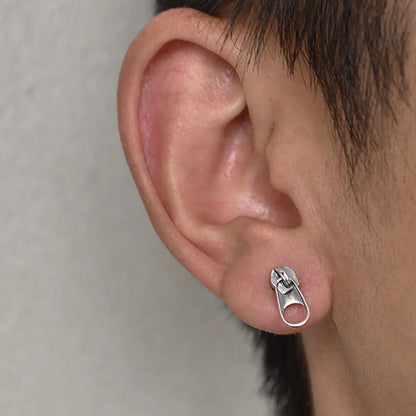 Zipper Stud Earrings Sterling Silver Worn by Male Model Close up