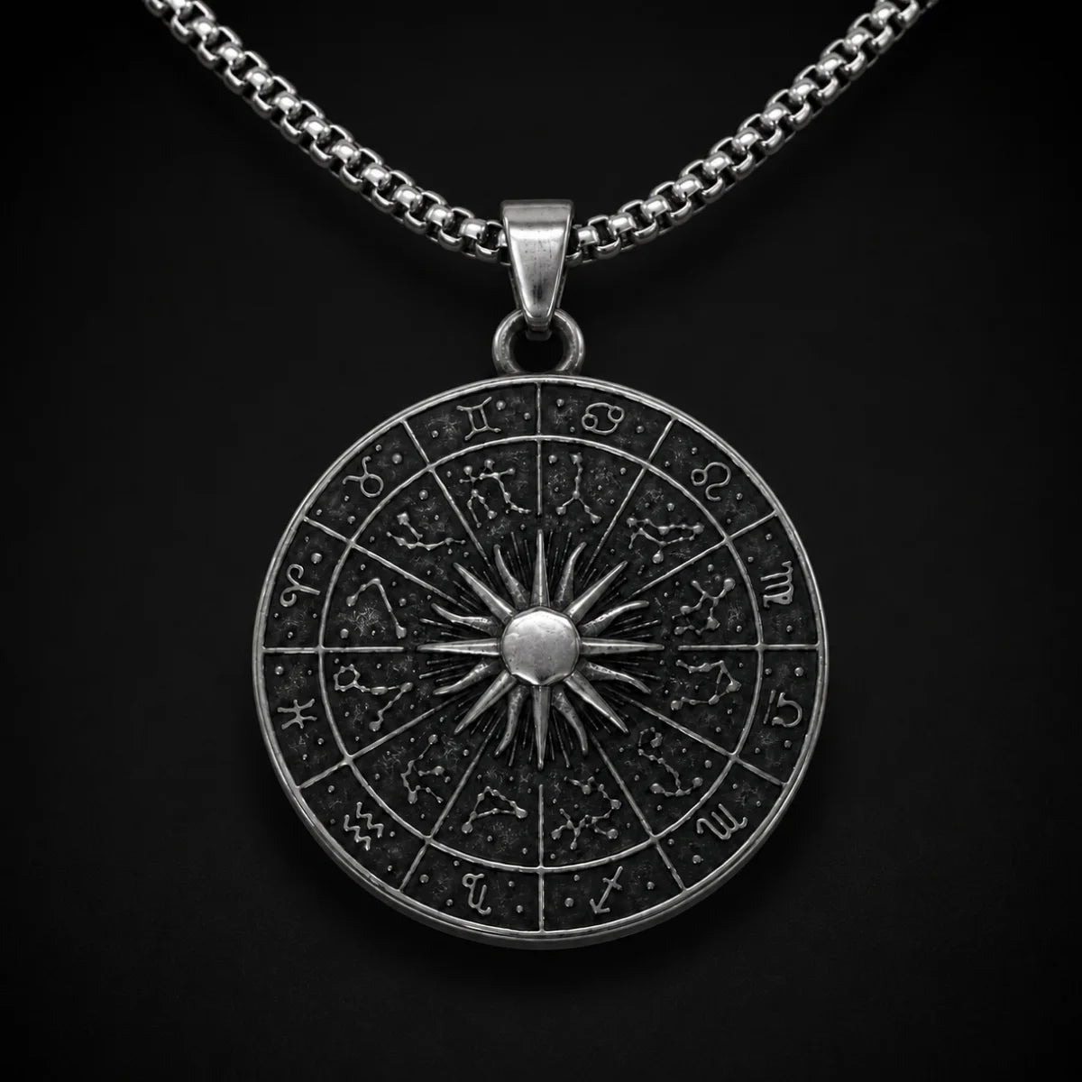 Zodiac Wheel Pendant Necklace Silver Close Up Black Background