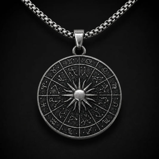 Zodiac Wheel Pendant Necklace Silver Close Up Black Background