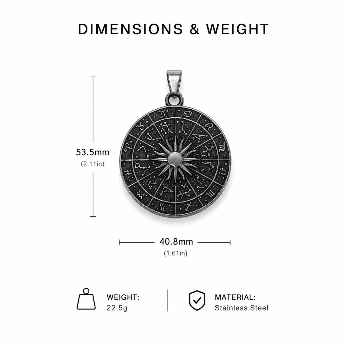 Zodiac Wheel Pendant Necklace Silver Dimension Diagram 50.3mm 1.98inch and 38.6mm 1.52inch