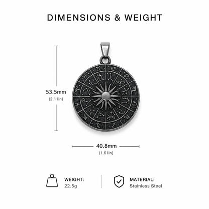 Zodiac Wheel Pendant Necklace Silver Dimension Diagram 50.3mm 1.98inch and 38.6mm 1.52inch