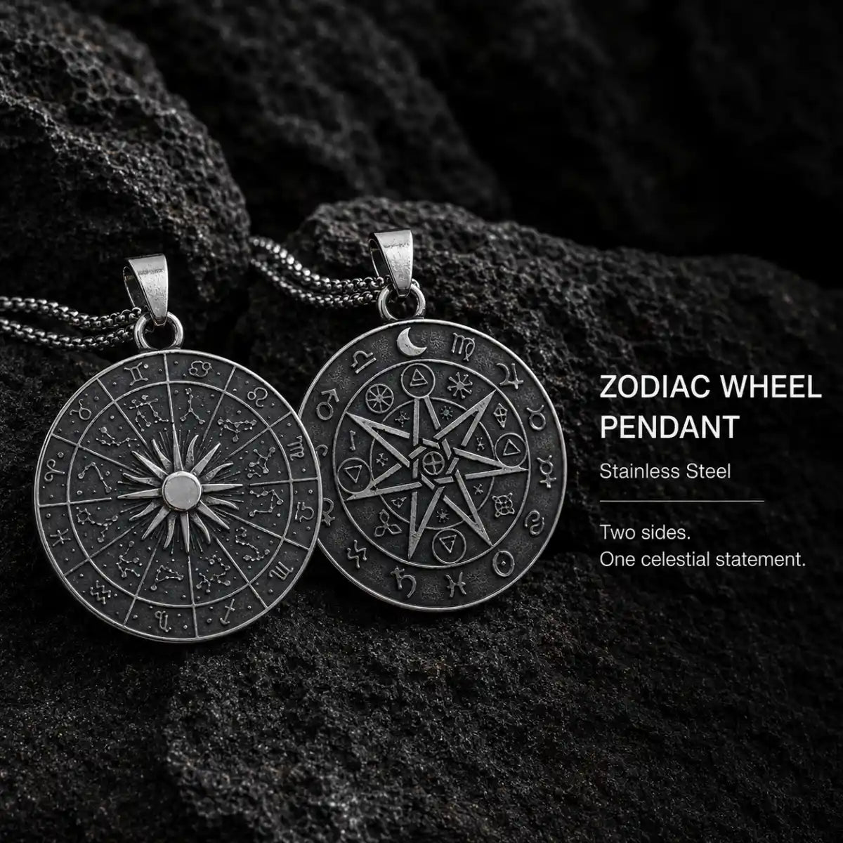 Zodiac Wheel Pendant Necklace Silver Displayed on Stone Surface