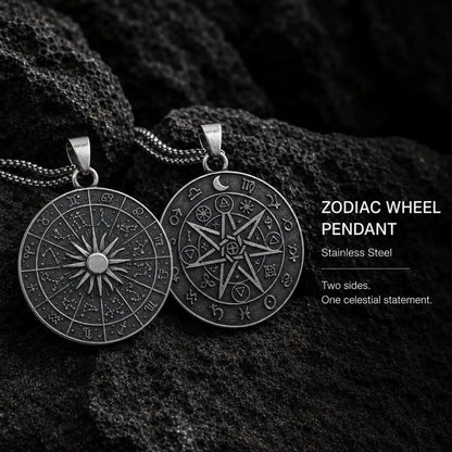 Zodiac Wheel Pendant Necklace Silver Displayed on Stone Surface