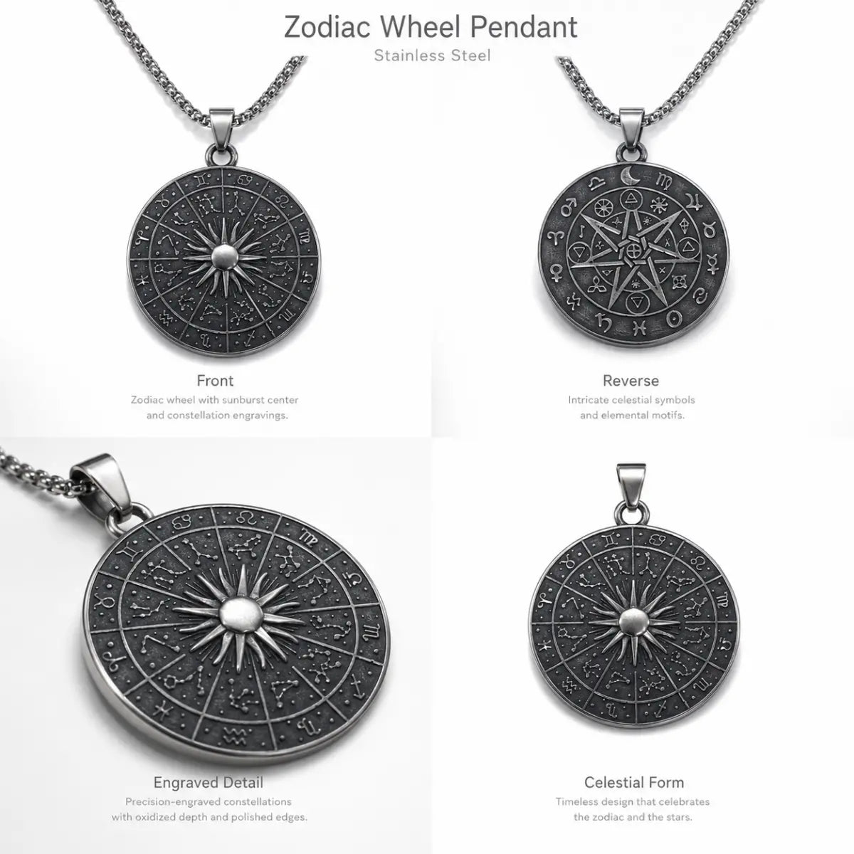 Zodiac Wheel Pendant Necklace Silver Multi Angle Product Feature Showcase