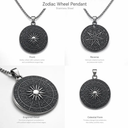 Zodiac Wheel Pendant Necklace Silver Multi Angle Product Feature Showcase