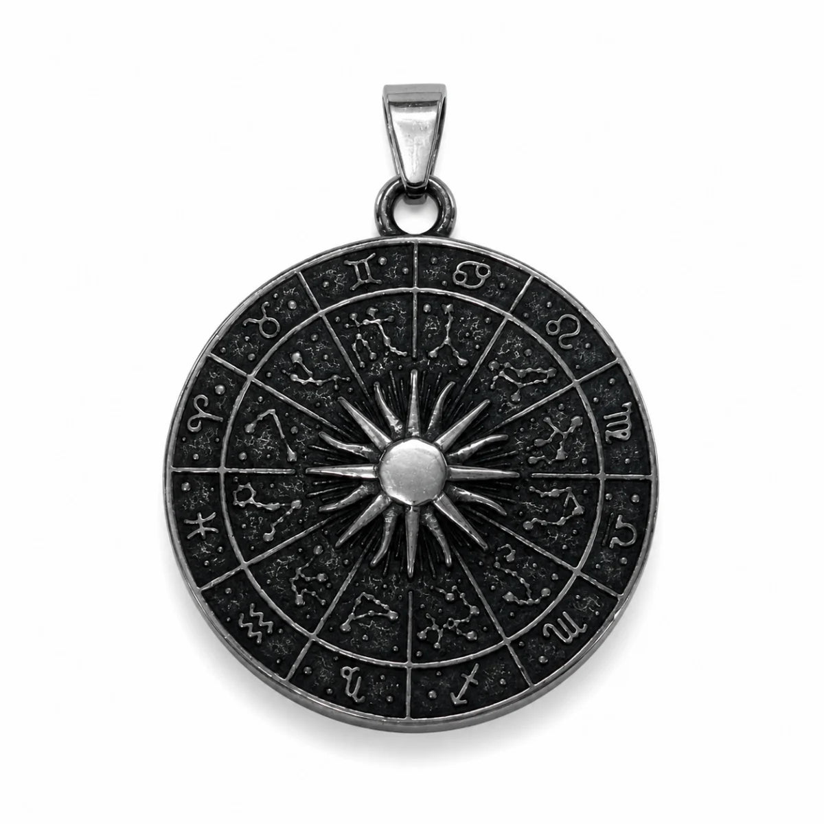 Zodiac Wheel Pendant Necklace Silver Pendant Only Front View White Background
