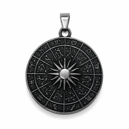 Zodiac Wheel Pendant Necklace Silver Pendant Only Front View White Background