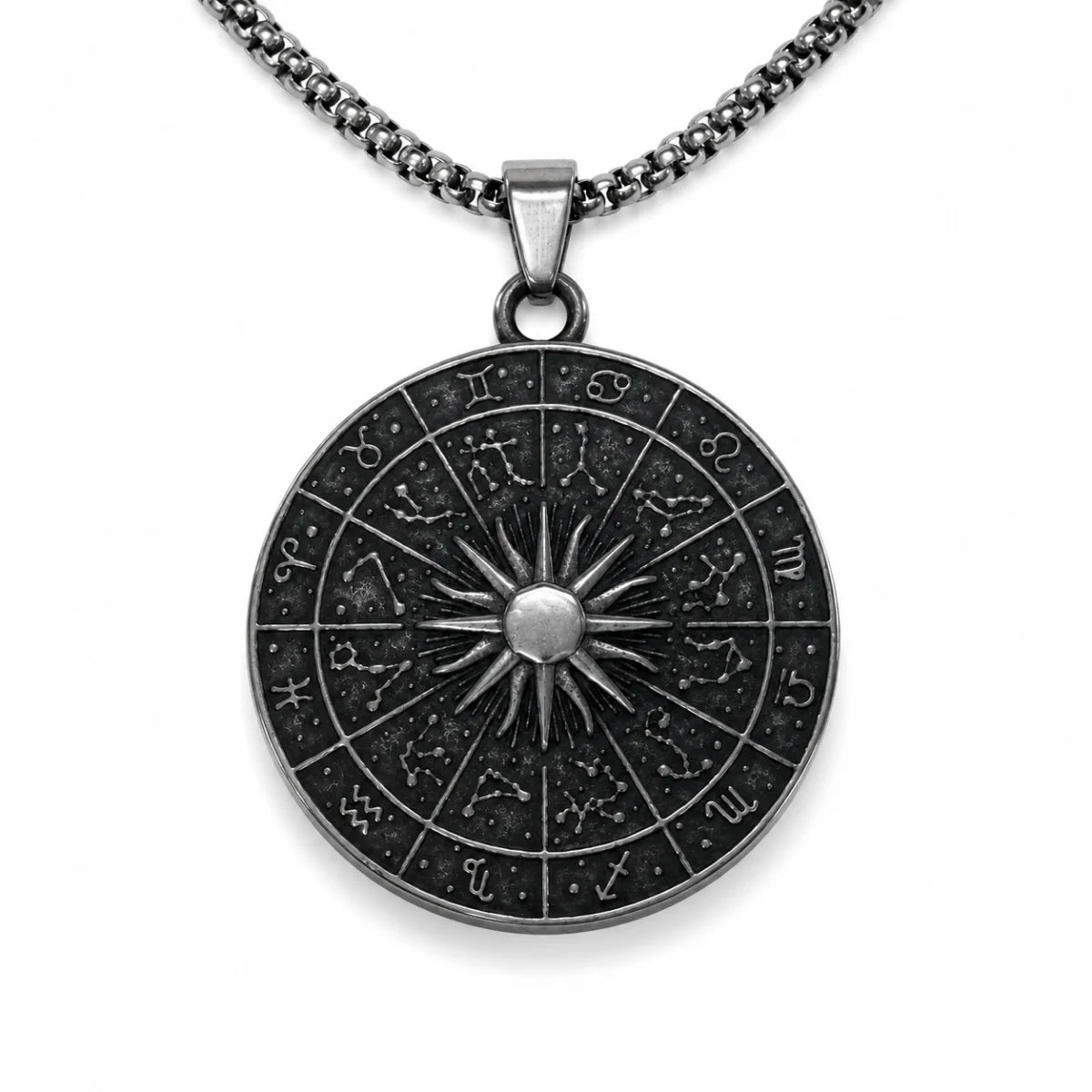 Zodiac Wheel Pendant Necklace Silver Pendant with Chain Front View White Background