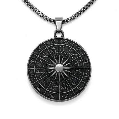 Zodiac Wheel Pendant Necklace Silver Pendant with Chain Front View White Background