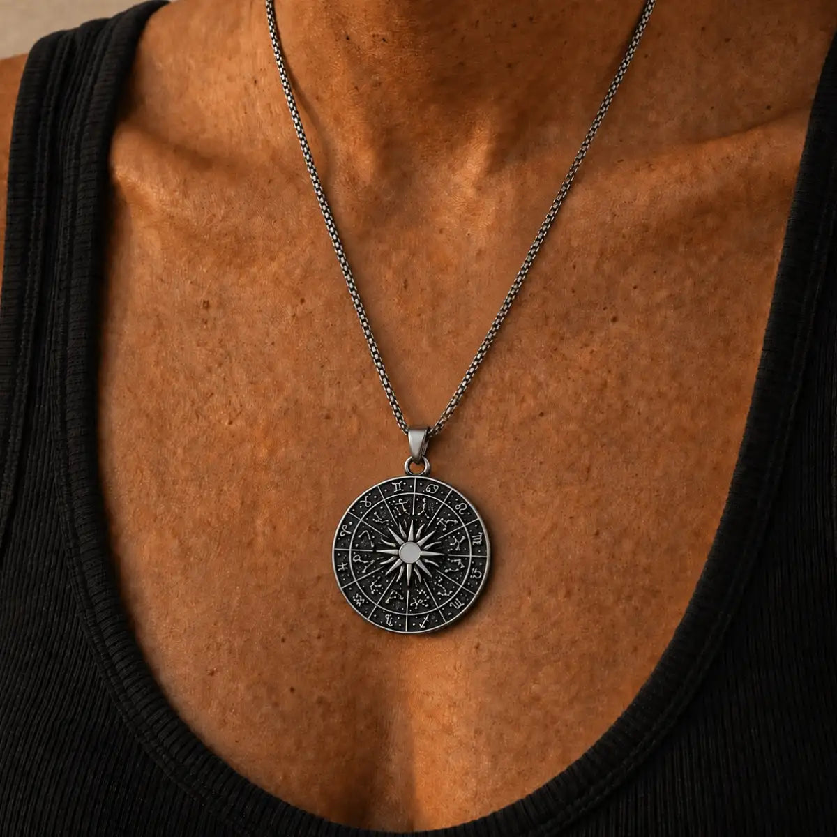 Zodiac Wheel Pendant Necklace Silver Worn by Model Chest View