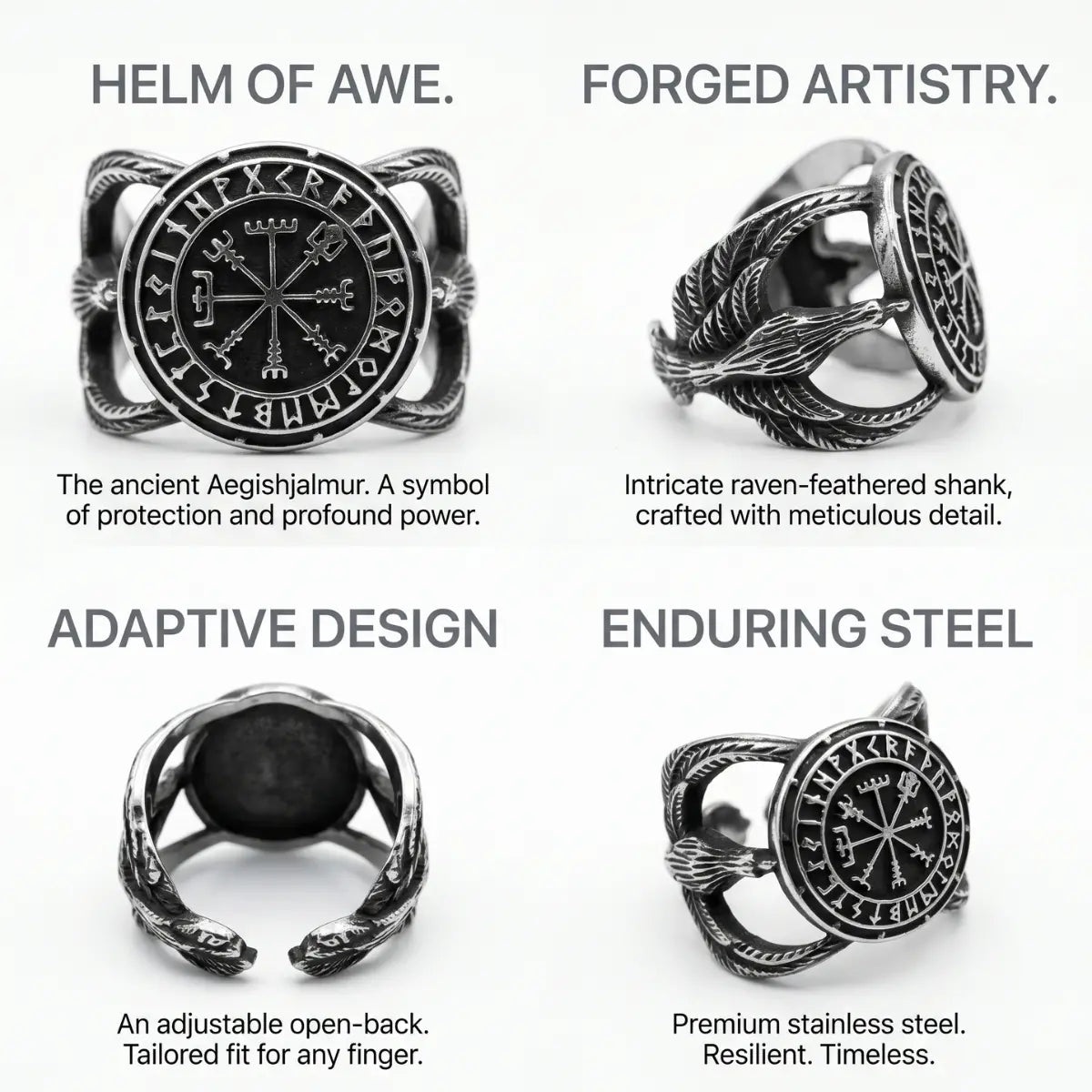 Aegishjalmur Helm of Awe Ring Design Features Premium Stainless Steel Intricate Norse Runes Band