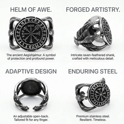 Aegishjalmur Helm of Awe Ring Design Features Premium Stainless Steel Intricate Norse Runes Band