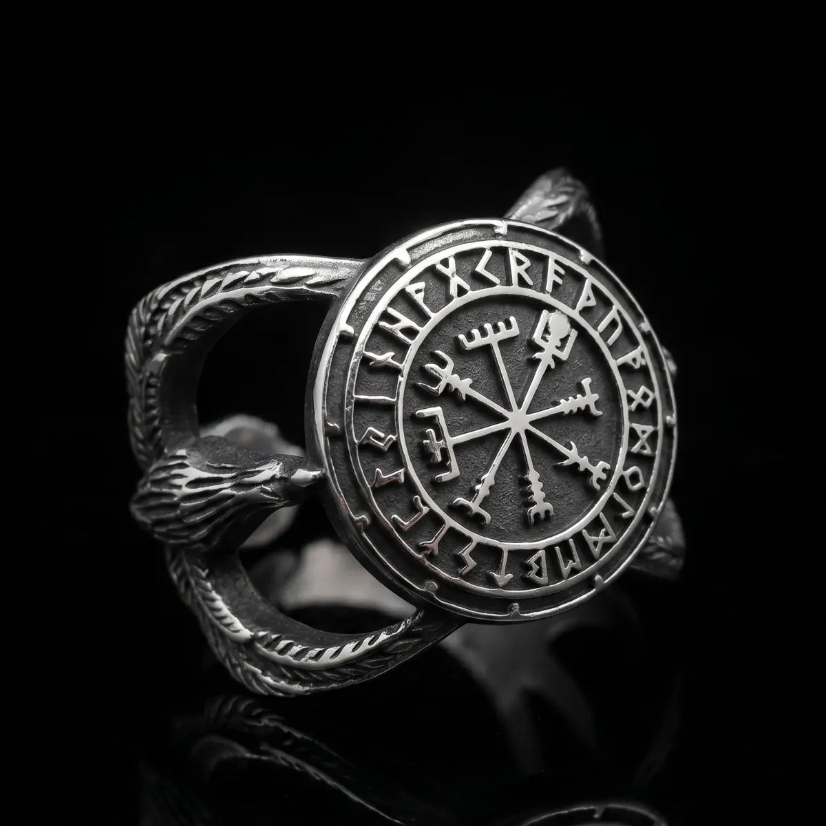 Aegishjalmur Helm of Awe Ring Silver Front View Premium Stainless Steel Viking Rune Jewelry