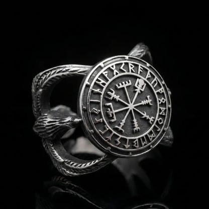 Aegishjalmur Helm of Awe Ring Silver Front View Premium Stainless Steel Viking Rune Jewelry