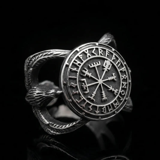 Aegishjalmur Helm of Awe Ring Silver Front View Premium Stainless Steel Viking Rune Jewelry