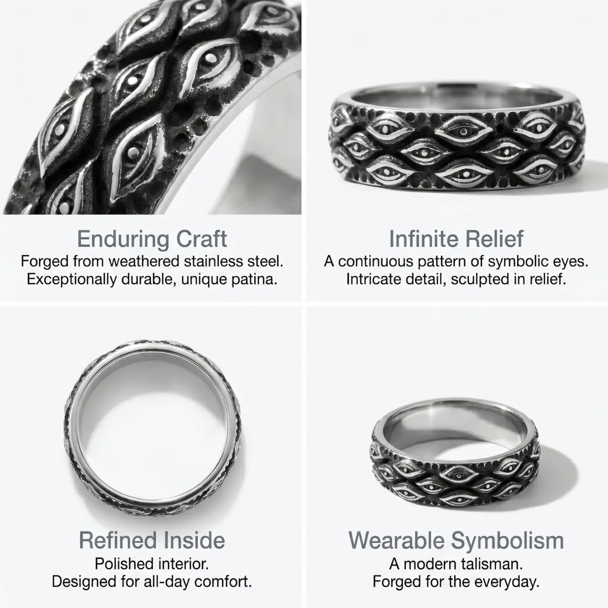 All Seeing Eye Band Ring Design Features 316L Stainless Steel Symbolic Mens Jewelry