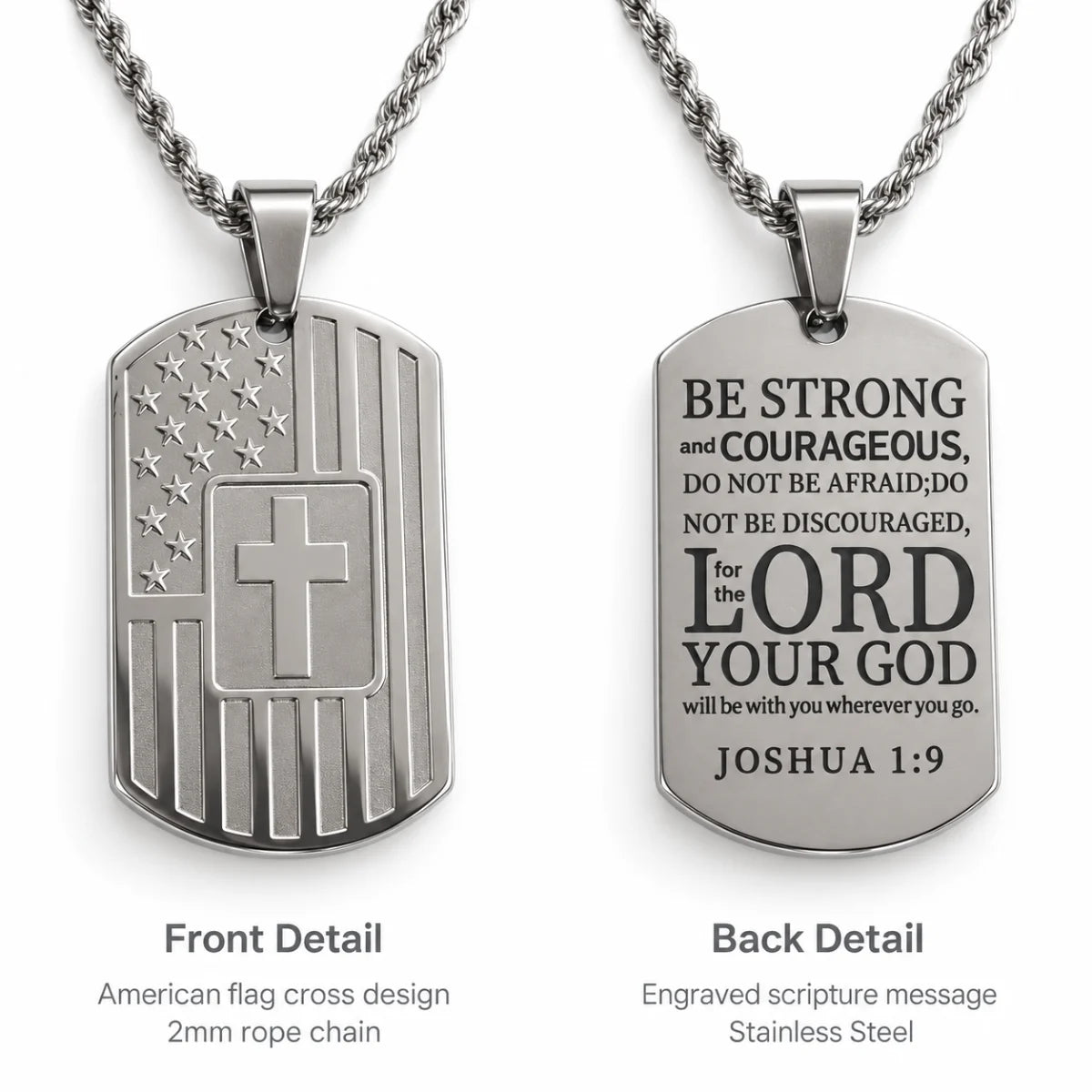 american flag joshua 1 9 dog tag necklace front and back details