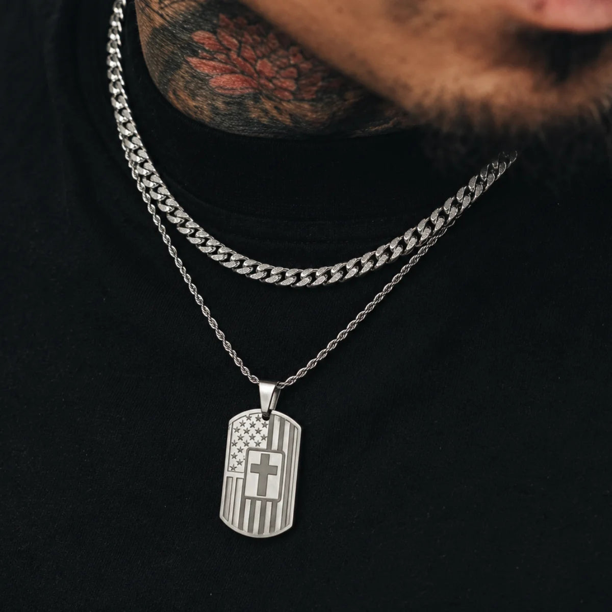 american flag joshua 1 9 dog tag necklace layered set lifestyle