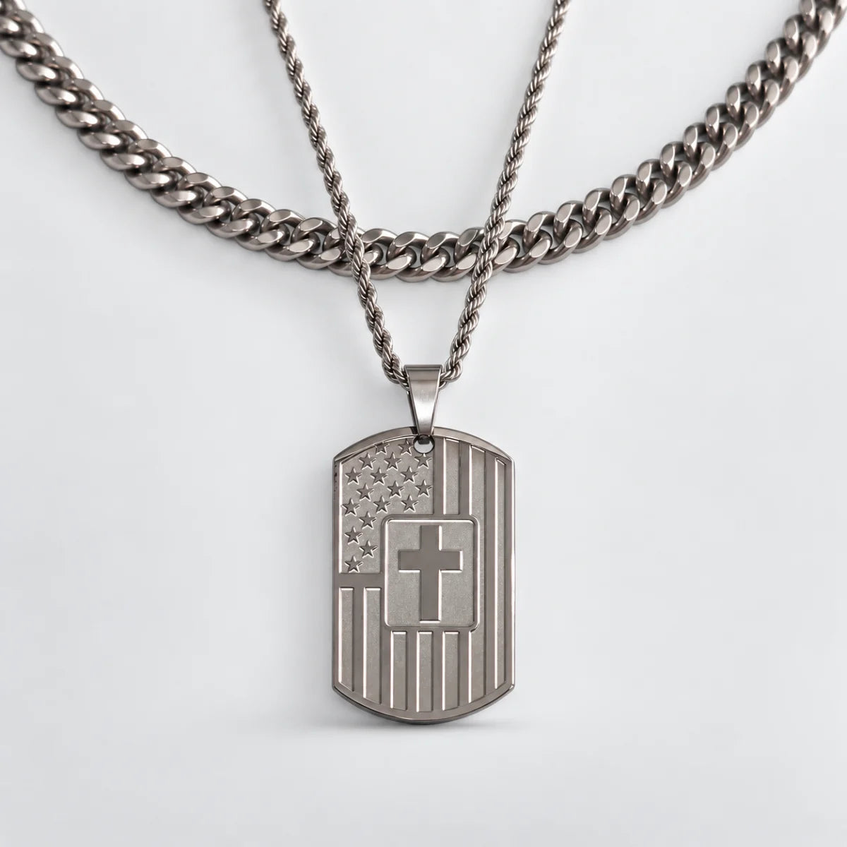 american flag joshua 1 9 dog tag necklace layered set white background