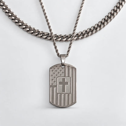 american flag joshua 1 9 dog tag necklace layered set white background