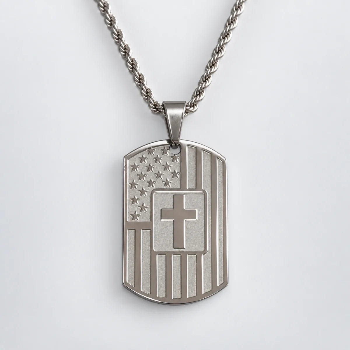 american flag joshua 1 9 dog tag necklace with rope chain white background