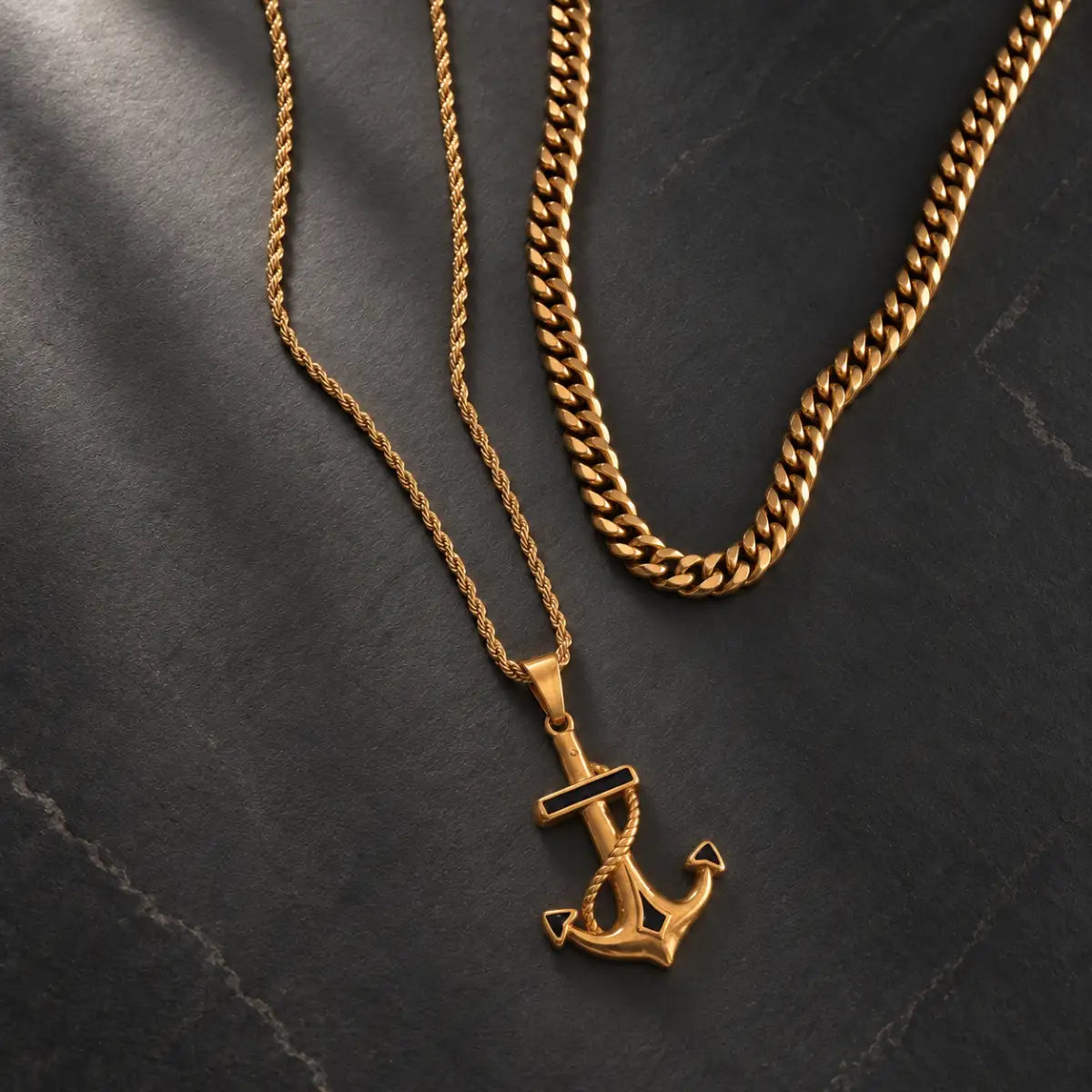 anchor necklace gold layered set birds eye display