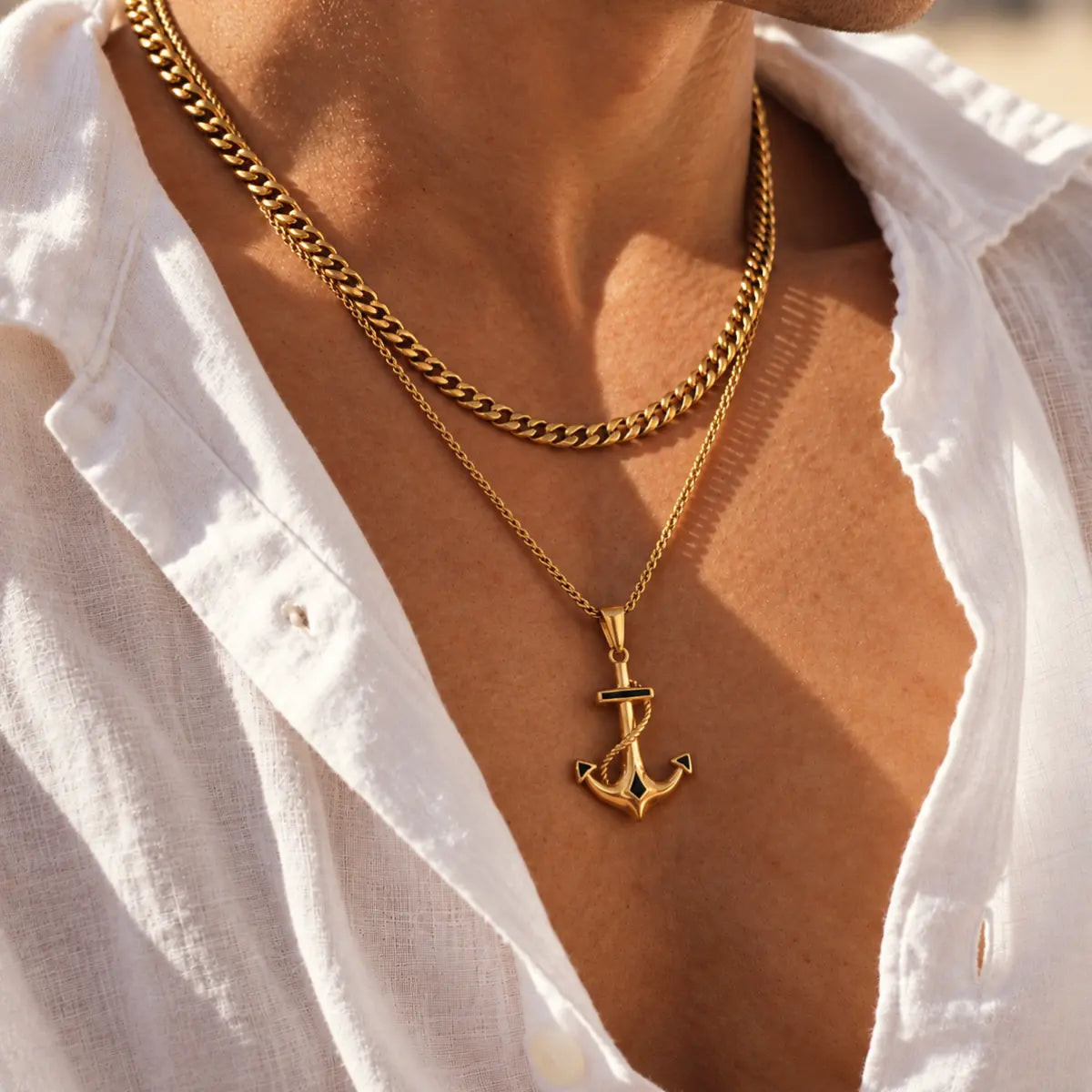 anchor necklace gold layered set lifestyle white shirt