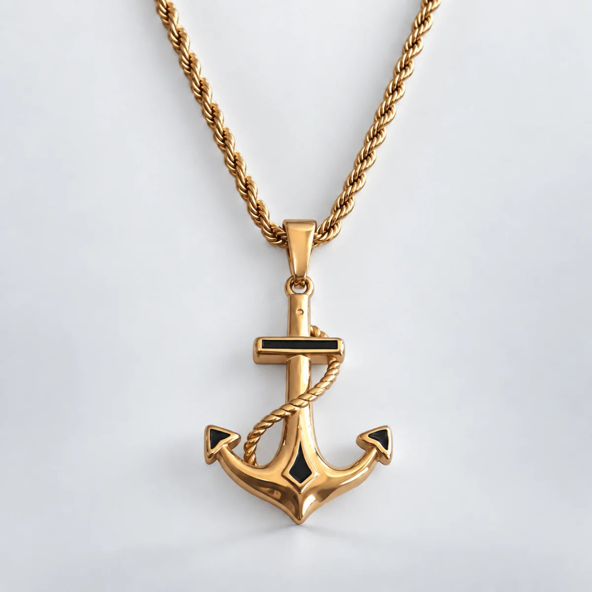 anchor necklace gold with rope chain white background