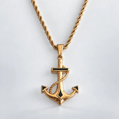 anchor necklace gold with rope chain white background