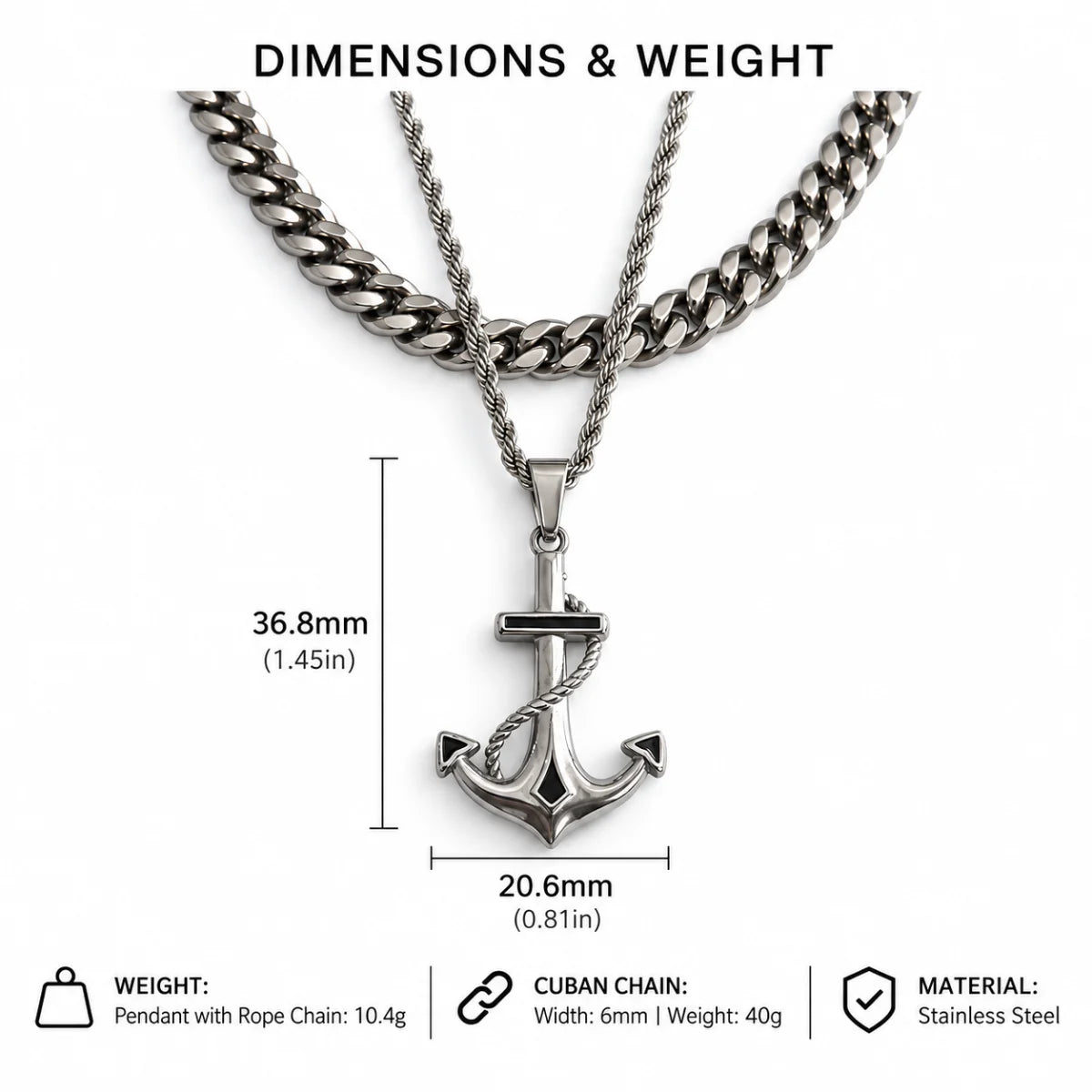 anchor necklace silver dimensions and weight