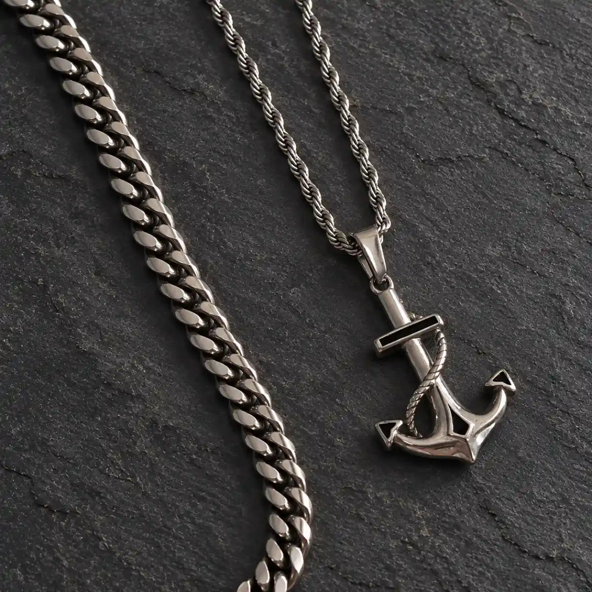 anchor necklace silver layered set birds eye display