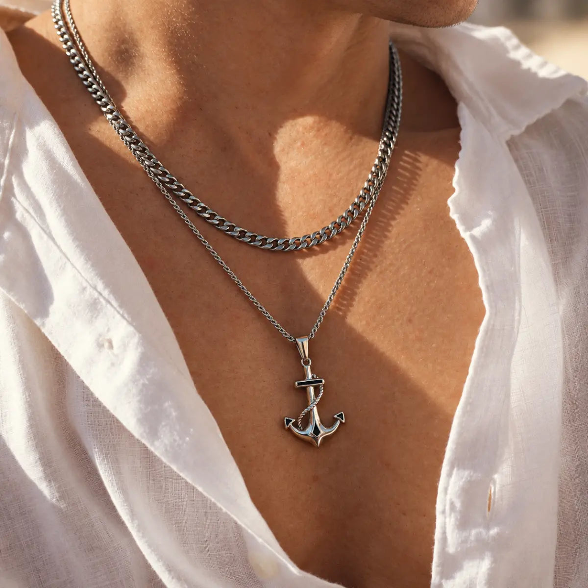 anchor necklace silver layered set lifestyle white shirt