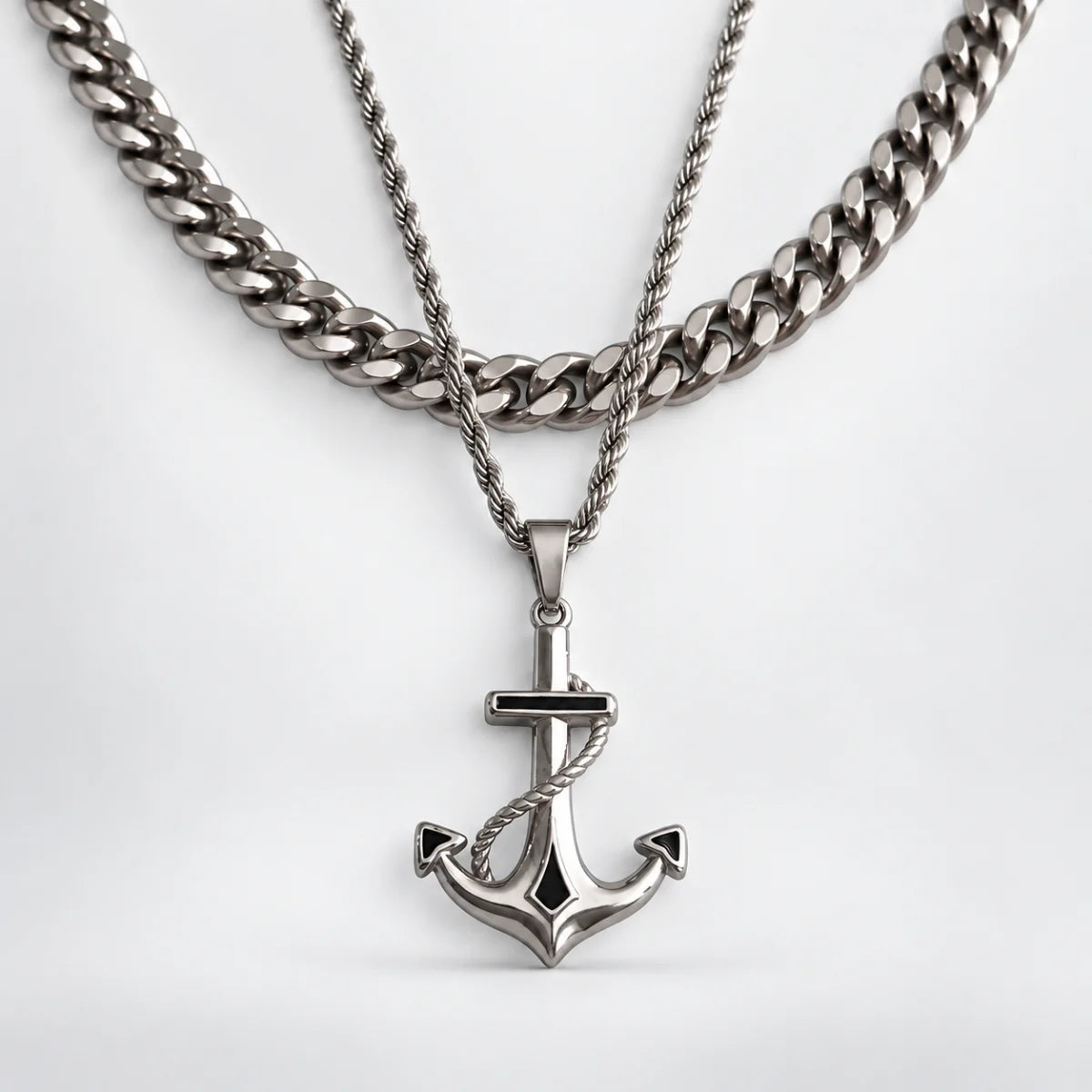 anchor necklace silver layered set white background