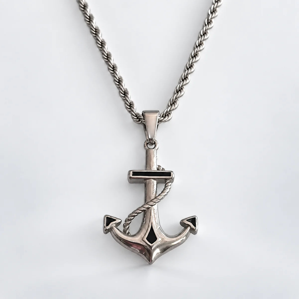 anchor necklace silver with rope chain white background