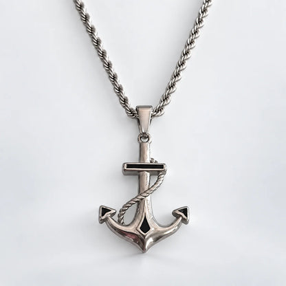 anchor necklace silver with rope chain white background