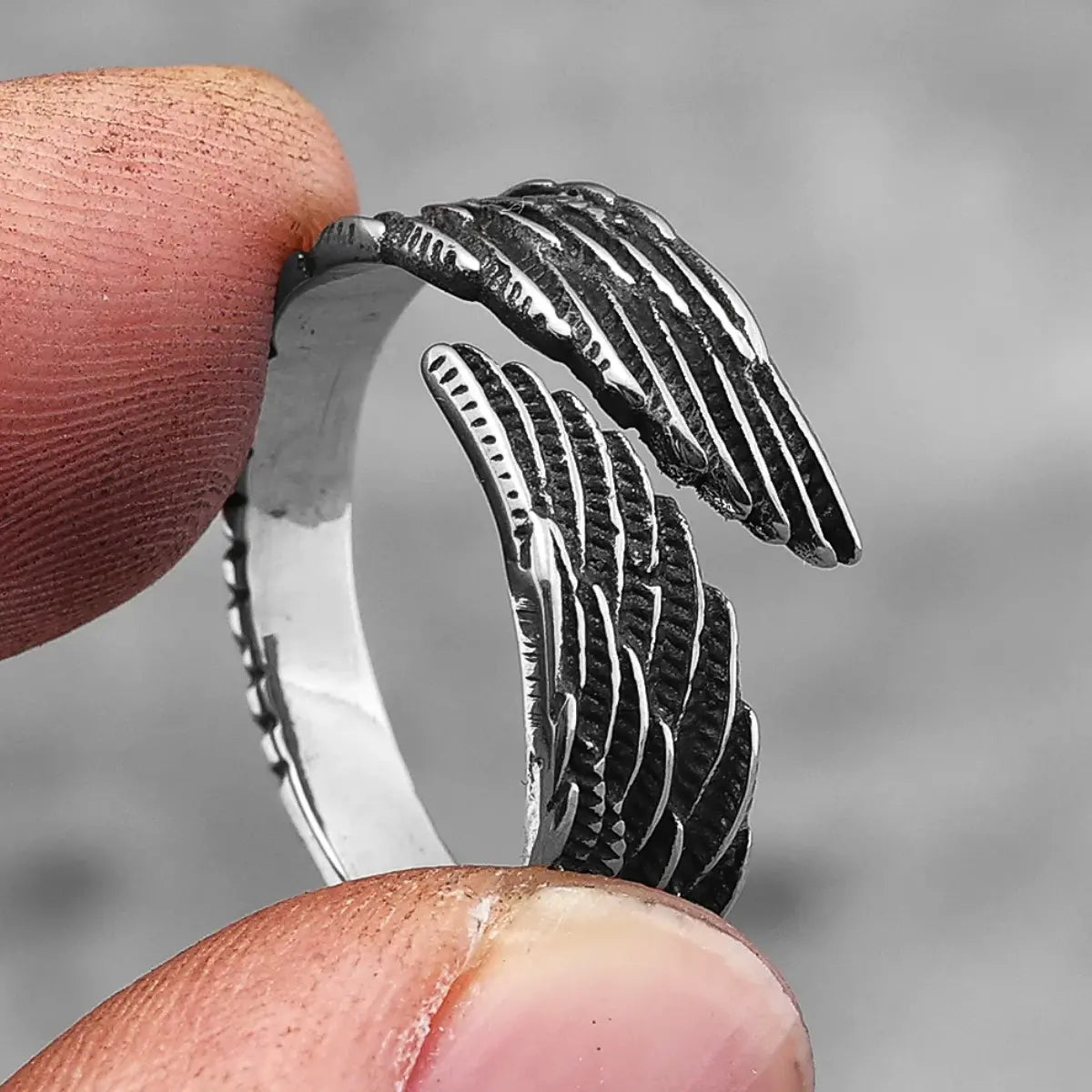 Angel Wing Ring Close Up Oxidized Feather Detail Punk Jewelry