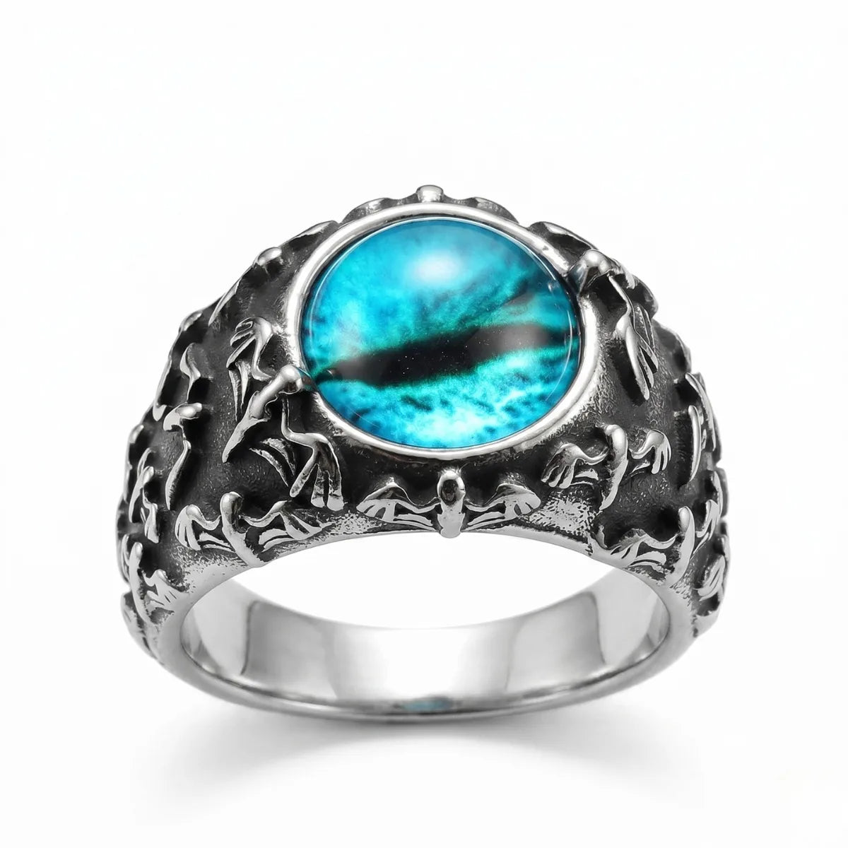 Bat Silver Eyeball Ring Blue Eye White Background Gothic Punk Accessories