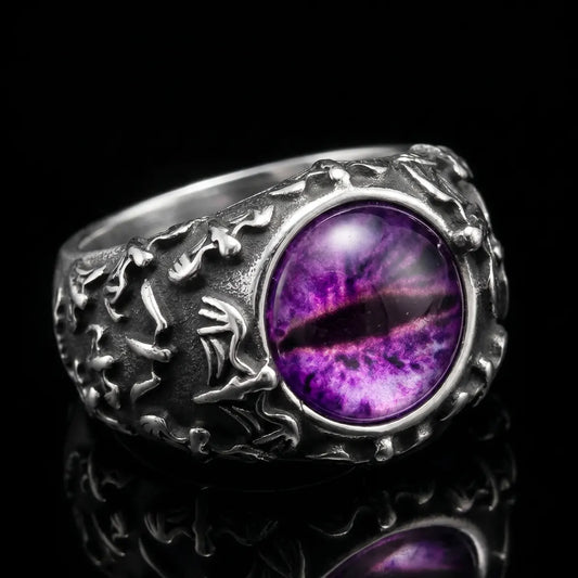 Bat Silver Eyeball Ring Purple Eye Front View Macabre Gothic Jewelry