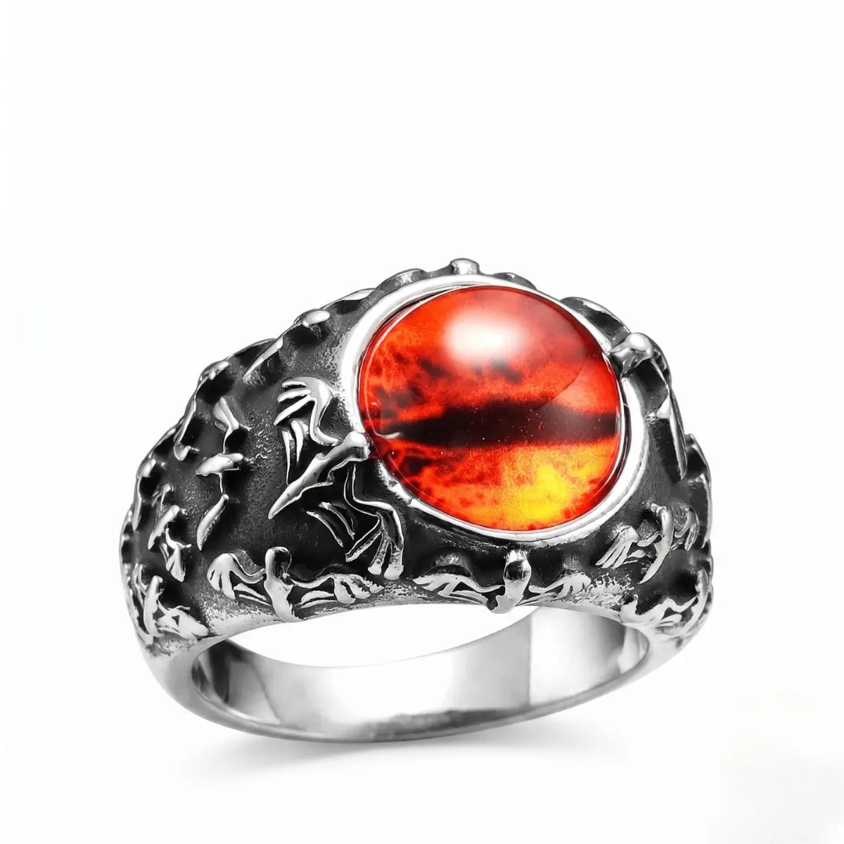 Bat Silver Eyeball Ring Red Eye White Background Vampire Biker Jewelry