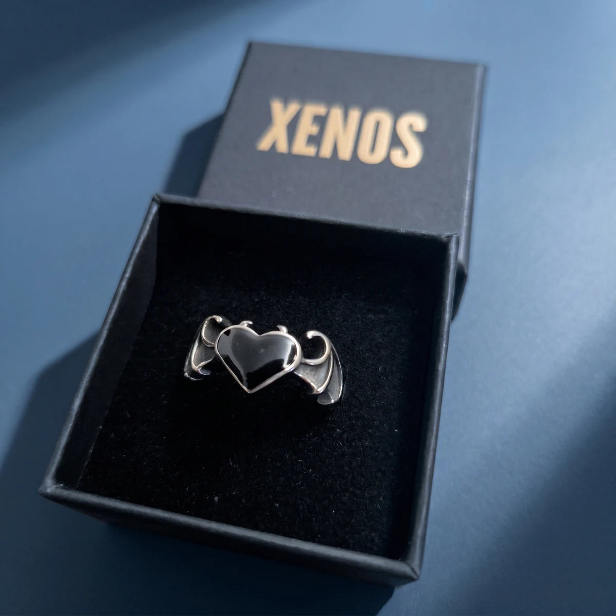 Bat Wing Heart Ring Presented in Xenos Jewelry Packaging Box