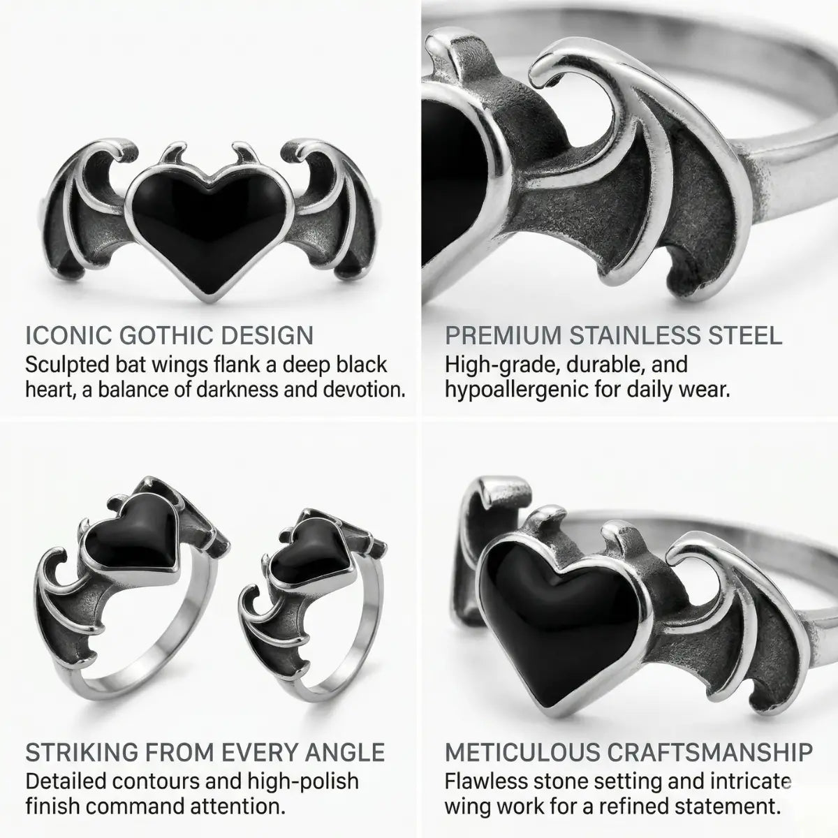 Bat Wing Heart Ring Design Features Stainless Steel Womens Goth Ring