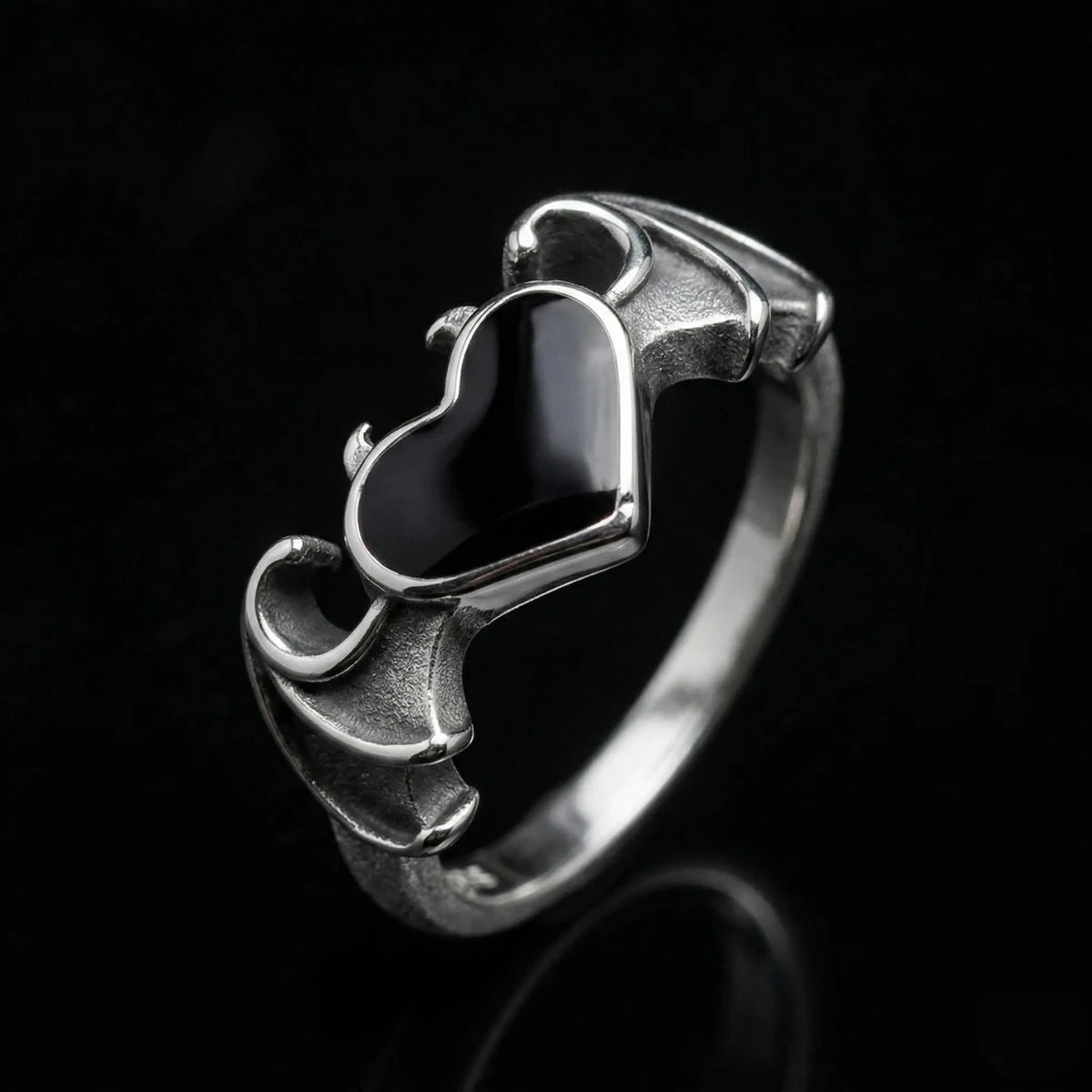 Bat Wing Heart Ring Front View Black Gem Vampire Gothic Jewelry